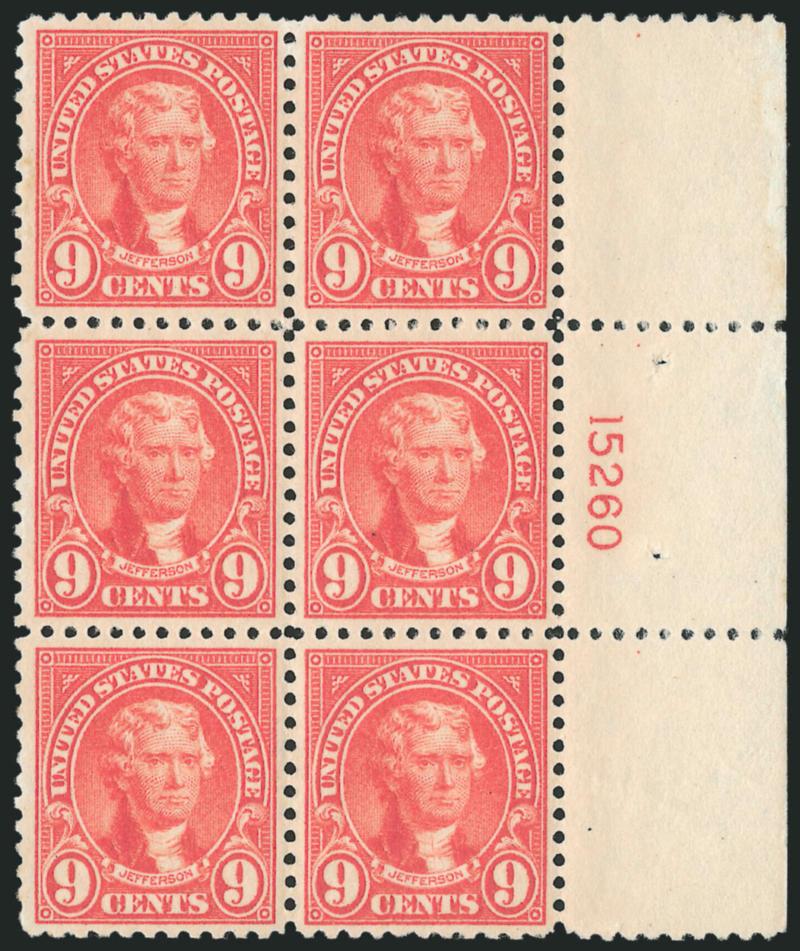 9c Rose, 12c Brown Violet (561, 564).> Mint N.H. plate no. blocks of six, 9c right plate no. 15260, 12c top plate no. 14404 and letter F, fresh and Very Fine