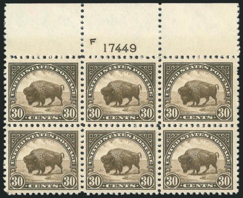 30c Olive Brown (569).> Mint N.H. top plate no. F17449 block of six, exceptionally well-centered, intense color, light fingerprints on gum, Very Fine-Extremely Fine