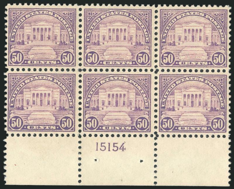 50c Lilac (570).> Mint N.H. wide bottom plate no. 15154 block of six, attractively centered with lovely pastel color, Fine-Very Fine