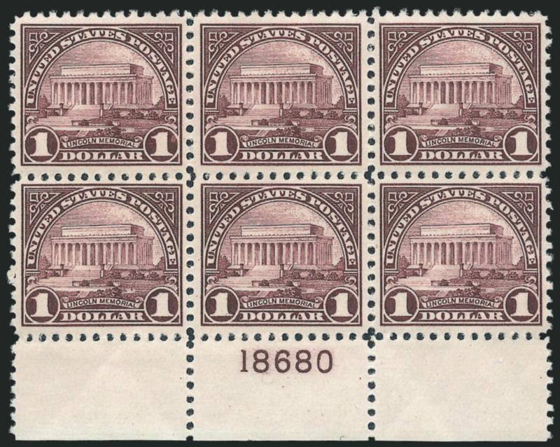 $1.00 Violet Black (571).> Mint N.H. bottom plate no. block of six, rich color and gorgeous centering, one stamp light natural gum crease, Extremely Fine