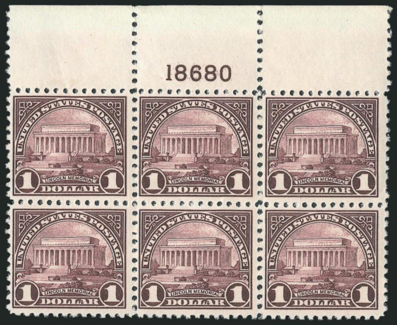 $1.00 Violet Black (571).> Mint N.H. top plate no. 18680 block of six, few light natural gum bends, Fine-Very Fine