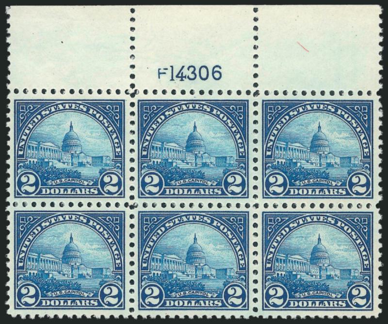 $2.00 Deep Blue (572).> Mint N.H. top plate no. F14306 block of six, extraordinarily well-centered, fabulous color on fresh paper, Extremely Fine Gem, difficult to find this nice, with 2010 P.S.E. certificate
(XF-Superb 95)