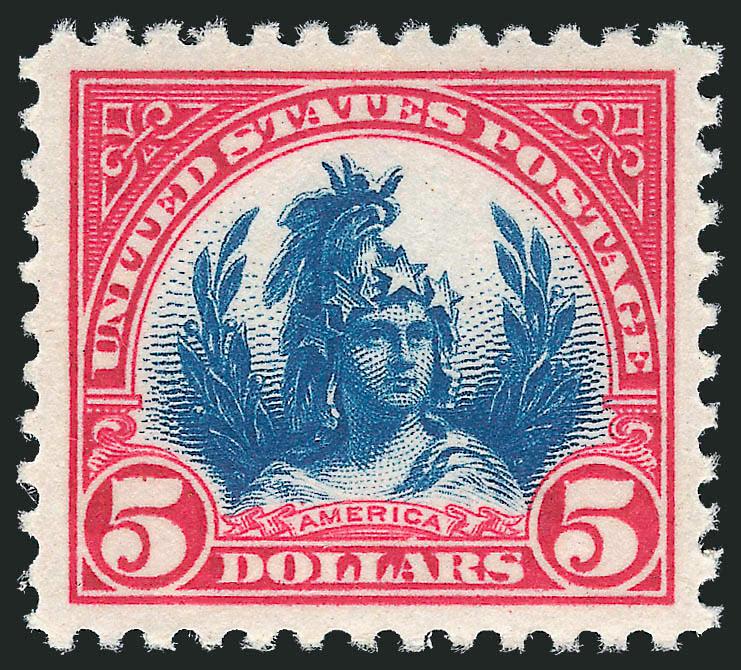$5.00 Carmine & Blue (573).> Mint N.H., brilliant colors on post-office fresh paper, choice centering with wide and balanced margins, Extremely Fine Gem, with 2010 P.S.E. certificate (XF-Superb 95 Jumbo SMQ
$365.00 as 95, $1,350.00 as 98)