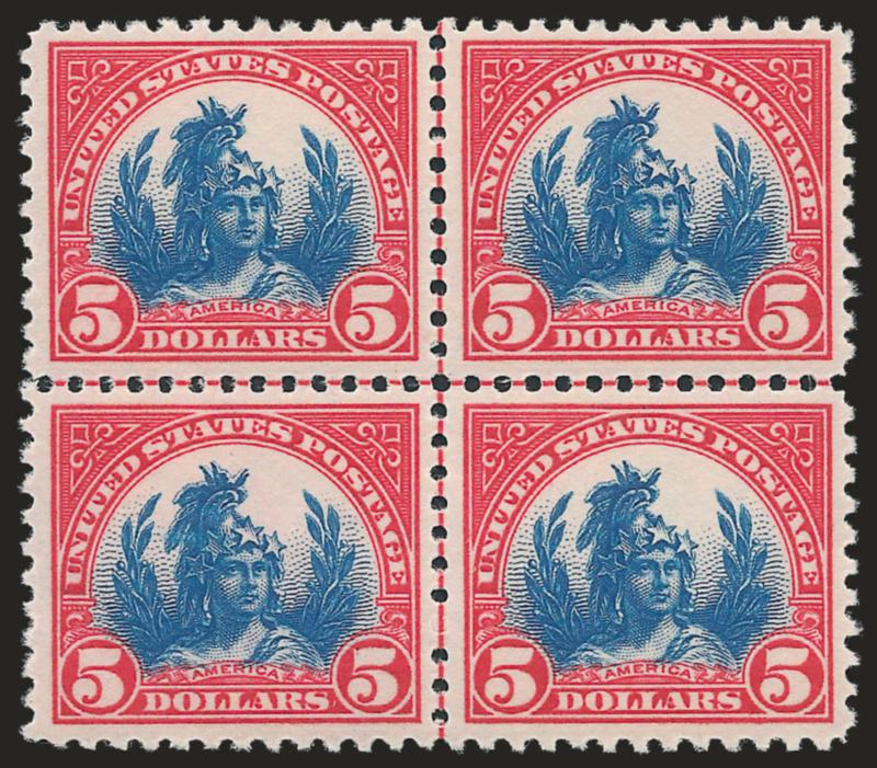 $5.00 Carmine & Blue (573).> Mint N.H. centerline block of four, bright colors and exquisite centering, Extremely Fine