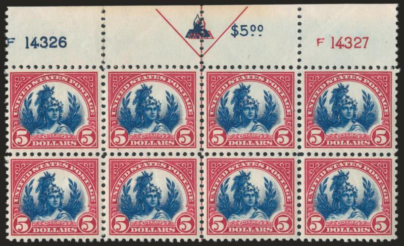 $5.00 Carmine & Blue (573).> Mint N.H. top arrow and double plate nos. 1432614327 block of eight, deep rich colors that certainly approach, if not attain the 573a sub shade, natural short gum at top, natural
gum bends described as gum creases on acc