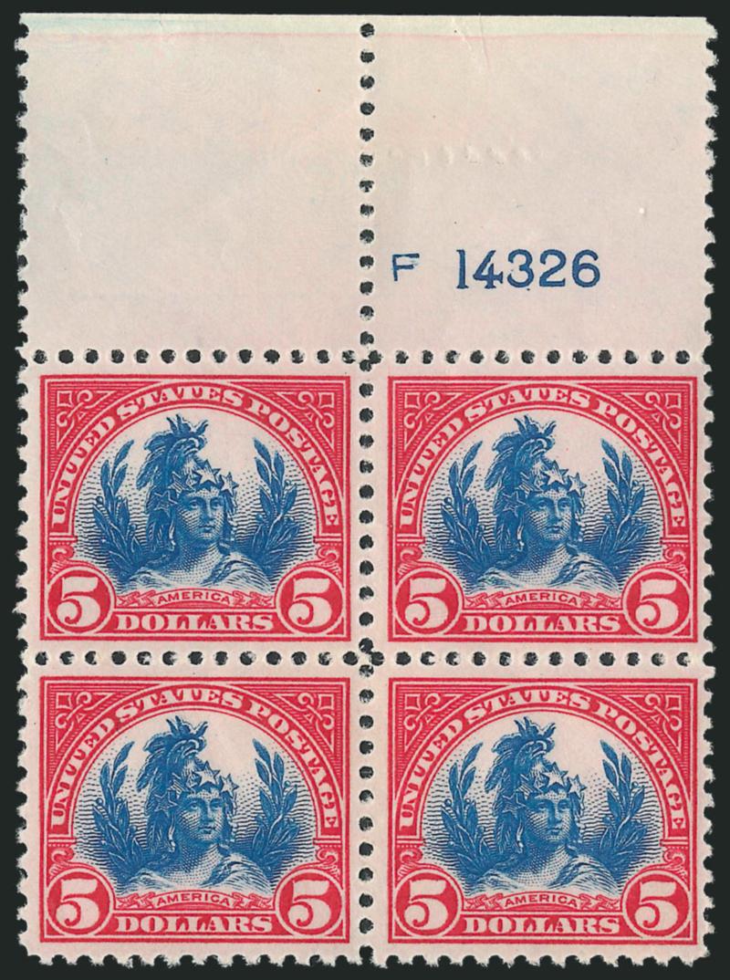 $5.00 Carmine & Blue (573).> Mint N.H. top plate no. block of four and pair, different shades with the pair approaching the Carmine Lake & Dark Blue variety, choice centering and wide margins, pair with gum
bends, Very Fine-Extremely Fine