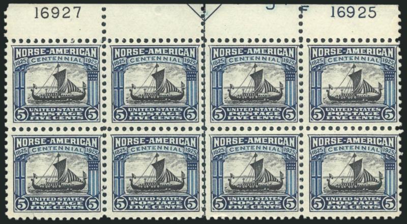 2c, 5c Norse-American (620-621).> Mint N.H. arrow and double plate no. blocks of eight, 5c with short perf extreme top left selvage corner, otherwise Fine-Very Fine