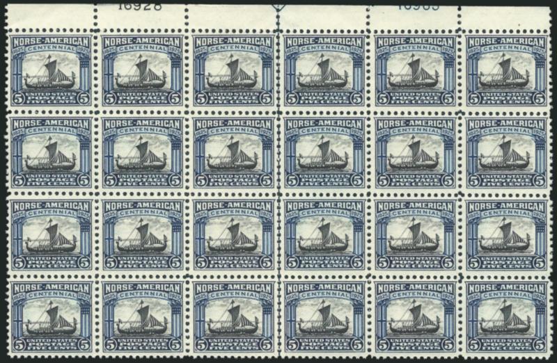 2c, 5c Norse-American (620-621).> Mint N.H. arrow and double plate no. blocks of 24, 2c selvage partially folded under, 5c selvage reduced into plate nos., Fine-Very Fine, Scott Retail as 24 Mint N.H. sets of
singles