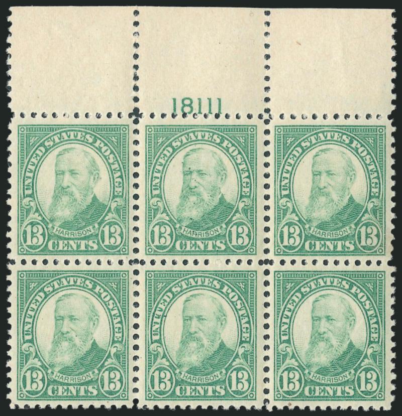 13c Green (622).> Mint N.H. wide top plate no. 18111 block of six, lovely pastel color, fresh, Extremely Fine, with 2007 P.S.E. certificate