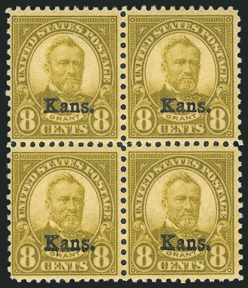 1c-10c Kans. Overprints (658-668).> Blocks of four, lightly hinged, fresh and Fine-Very Fine