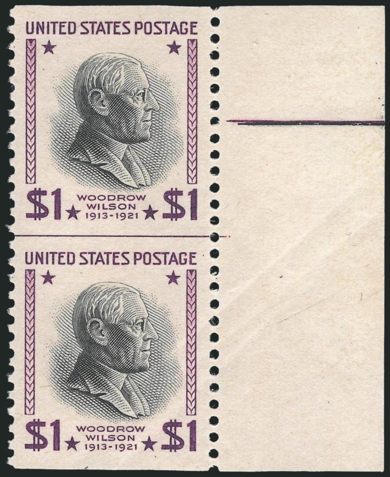 $1.00 Presidential, 1938 Printing, Vertical Pair, Imperforate Horizontally (832a).> Mint N.H. with right registration marks selvage, plated in pencil on back as pos. 50 and 60, guide line between, light
diagonal crease, otherwise Extremely Fine, very