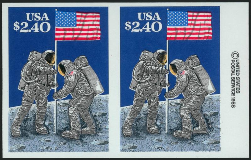 $2.40 Moon Landing, Imperforate (2419b).> Mint N.H. horizontal pair with USPS right inscription margin, Extremely Fine