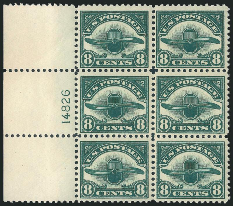 8c Dark Green, 1923 Air Post (C4).> Mint N.H. left plate no. 14826 block of six, rich color and well-centered, Very Fine and choice