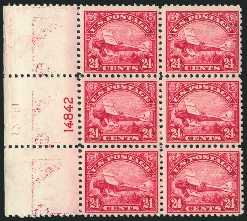 24c Carmine, 1923 Air Post (C6).> Left plate no. 14842 block of six, barest trace of hinging, bright color, offset of another sheet in selvage, Very Fine