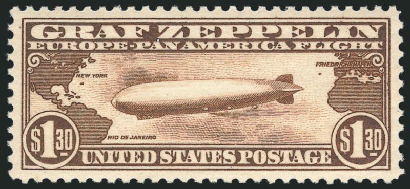 $1.30 Graf Zeppelin (C14).> Mint N.H., intense shade and impression, gorgeous centering<><>^EXTREMELY FINE GEM. A SUPERB MINT NEVER-HINGED EXAMPLE OF THE $1.30 GRAF ZEPPELIN ISSUE WHICH HAS BEEN GRADED SUPERB
98 BY P.S.E.^<><>With 2010 P.S.E. cer