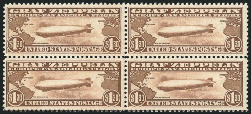 $1.30 Graf Zeppelin (C14).> Mint N.H. block of four, guide line at bottom, crisp, sharp color, Fine