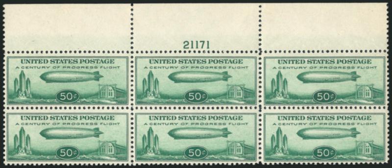 50c Chicago Zeppelin (C18).> Mint N.H. top plate no. 21171 block of six, attractively centered, crisp and intact, Fine-Very Fine