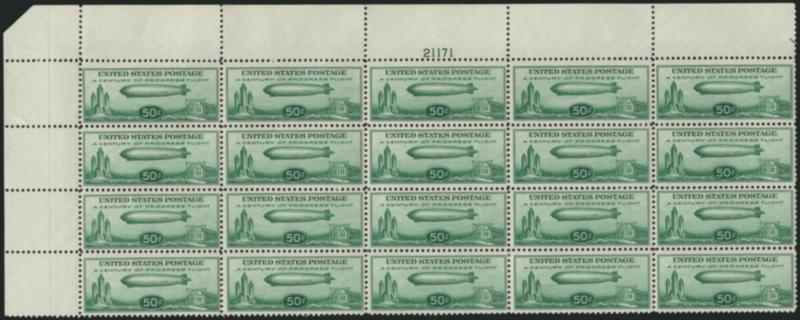 50c Chicago Zeppelin (C18).> Mint N.H. top left corner plate no. 21171 block of 20, few light creases and trivial gum skips, otherwise Fine-Very Fine