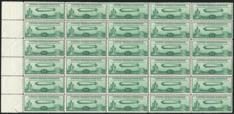 50c Chicago Zeppelin (C18).> Mint N.H. block of 30 with left selvage, one row very light trivial gum skip line, six with heavy natural pre-print paper folds, otherwise Fine-Very Fine