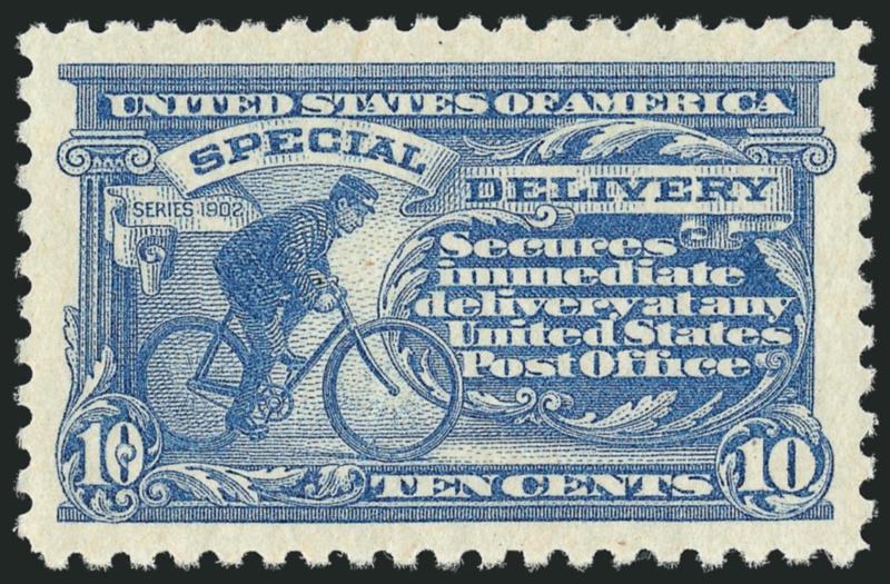 10c Pale Ultramarine, Special Delivery (E10).> Mint N.H., wide margins and mathematically centered, fresh, lovely pastel color<><>^EXTREMELY FINE GEM. ONE OF THE FINEST KNOWN MINT NEVER-HINGED EXAMPLES OF THE
1916 PERF 10 UNWATERMARKED SPECIAL DELI