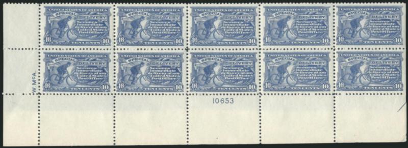 10c Ultramarine, Special Delivery (E11).> Mint N.H. bottom left plate no. 10653 block of ten, natural s.e. right, well-centered, attractive pastel color, Very Fine-Extremely Fine