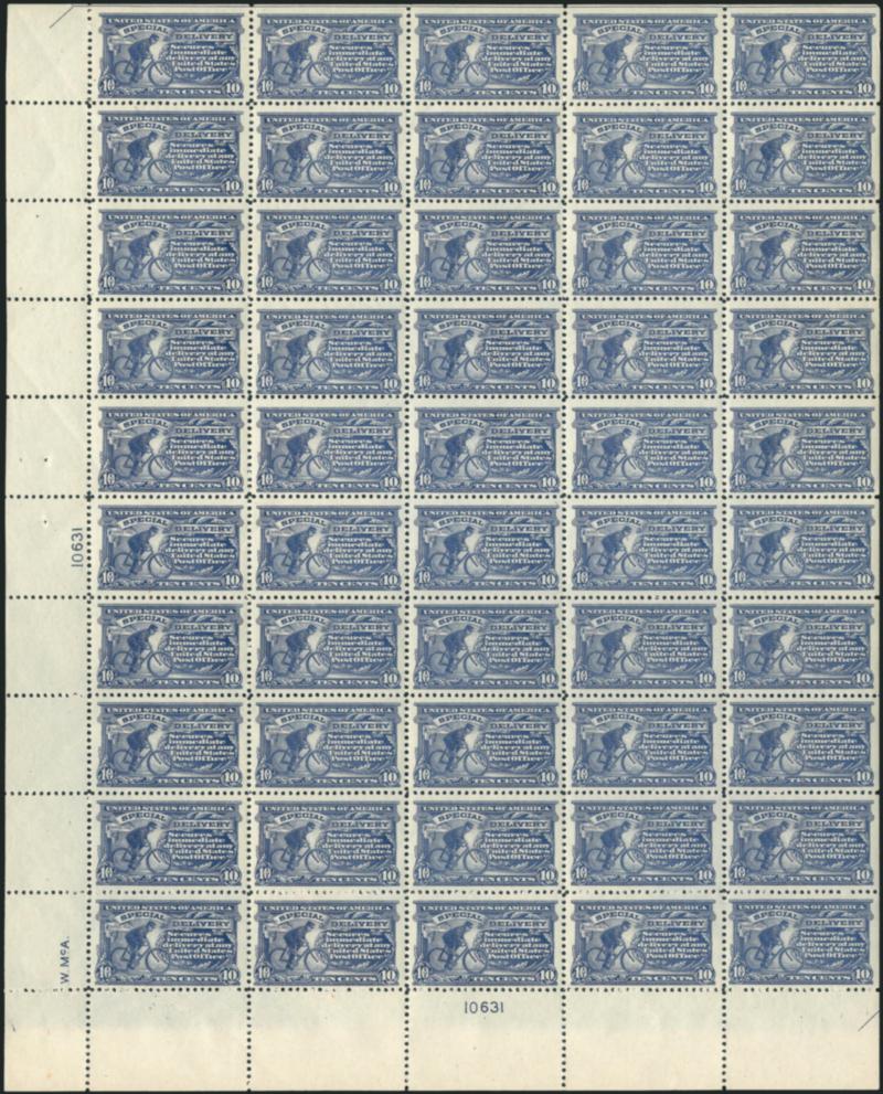 10c Ultramarine, Special Delivery (E11).> Mint N.H. complete pane of 50 with left and bottom plate no. 10631 blocks of six, most Fine-Very Fine except rows 6 and 7 Extremely Fine and virtually all with
high-end grading potential