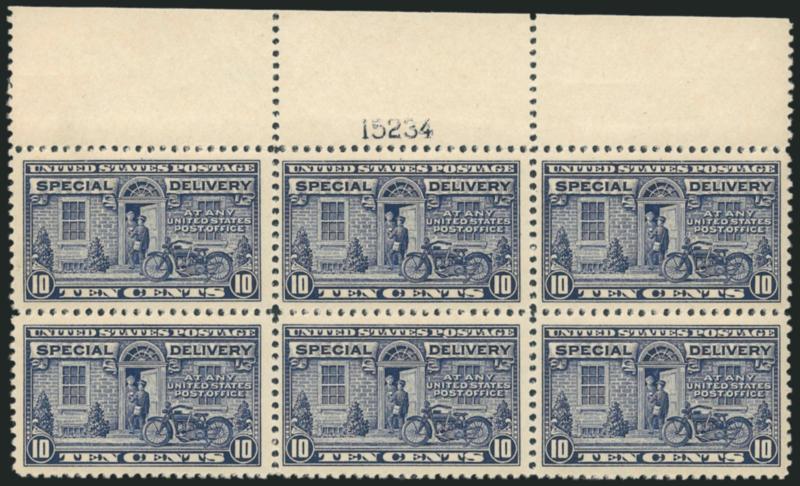 10c Deep Ultramarine, Special Delivery (E12a).> Top plate no. 15234 block of six, lightly hinged, Fine-Very Fine