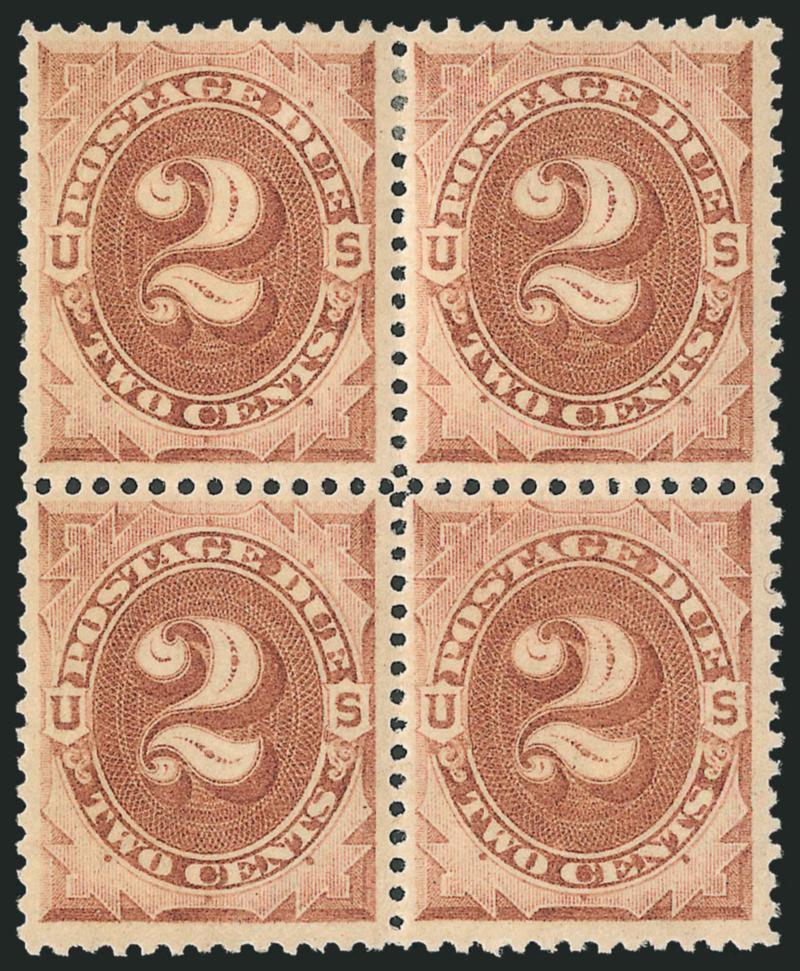 2c Brown (J2).> Block of four, original gum, bottom left stamp Mint N.H., bottom right lightly hinged, top pair single h.r., rich color and choice centering, incredibly fresh, Very Fine-Extremely Fine, Scott
Retail as singles