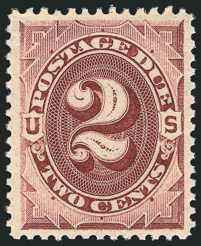 2c Red Brown (J16).> Mint N.H., rich color and detailed impression, wide margins with essentially precise centering, Extremely Fine, with 2007 P.S.E. certificate (XF 90 SMQ $500.00), only one example has
graded higher in the P.S.E. Population Report