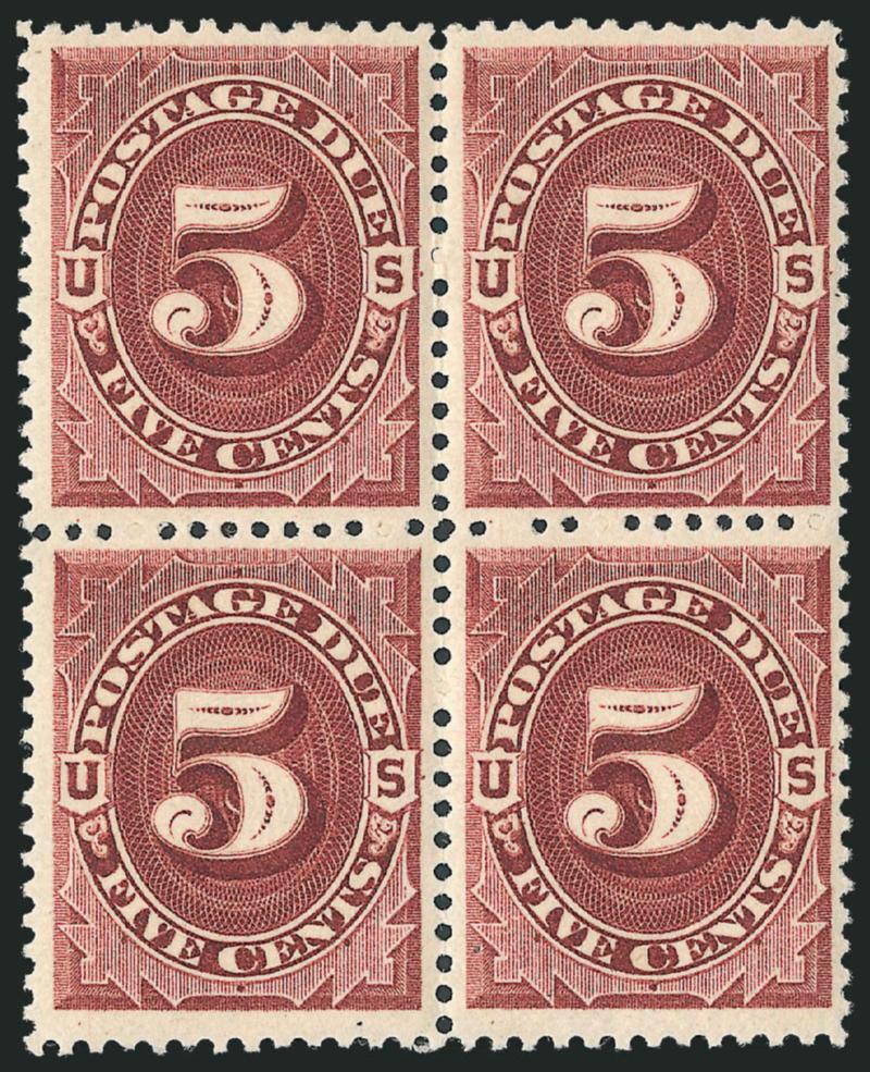 5c Red Brown (J18).> Block of four, original gum, lightly hinged, gorgeous color and impression, wide margins<><>^VERY FINE AND CHOICE. A BEAUTIFUL BLOCK OF FOUR OF THE 1884 5-CENT RED BROWN POSTAGE DUE
ISUE.^<><>The deep dark shade of this block