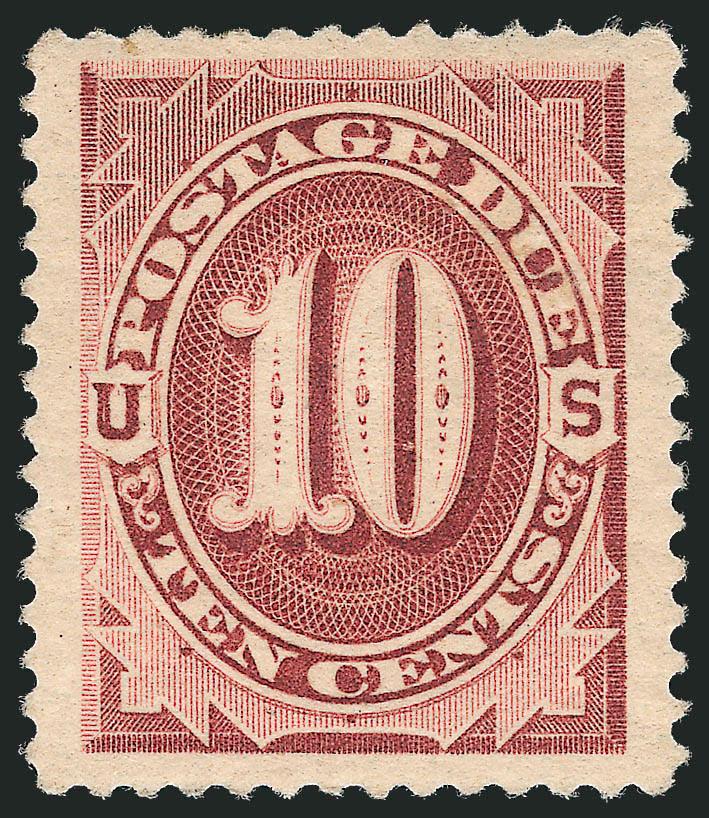 10c Red Brown (J19).> Original gum, small h.r. and natural gum bends, Jumbo margins with nice centering, rich color, Extremely Fine, with 2005 P.S.E. certificate (OGh, XF 90 Jumbo SMQ $840.00 as 90, $1,300.00
as 95)