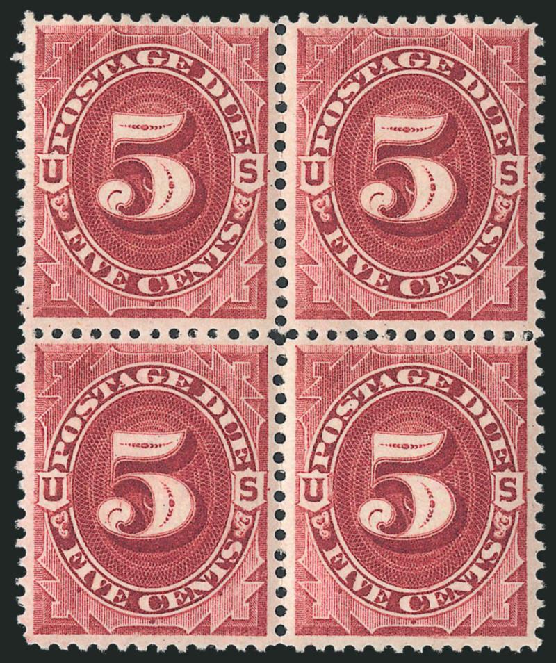 5c Bright Claret (J25).> Block of four, original gum, two tiny h.r. at top and stamps also lightly hinged, vibrant color on fresh paper, Extremely Fine, a beautiful block