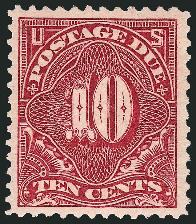 10c Claret (J35 var).> Mint N.H., unusually bright color, wide margins, most recent certificate states reperfed at bottom (we are not convinced), Extremely Fine Mint N.H. example of this shade variety, it is
interesting to note that, unlike other den