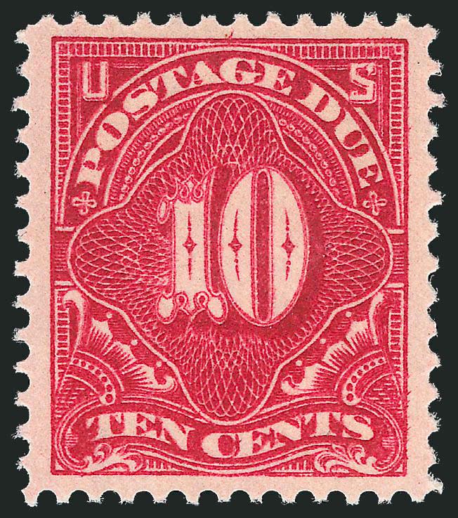 10c Rose Carmine (J49a).> Mint N.H., wide margins with essentially precise centering, vivid color, Extremely Fine, with 2000 P.F. and 2006 P.S.E. certificates (XF 90 SMQ $470.00)