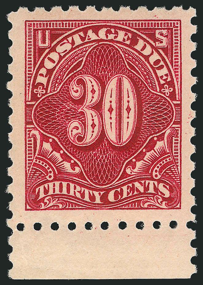 30c Carmine Lake (J57).> Mint N.H. with bottom selvage, gorgeous color, almost perfectly centered with Jumbo margins<><>^EXTREMELY FINE GEM. A SUPERB MINT NEVER-HINGED EXAMPLE OF THE 30-CENT POSTAGE DUE ISSUE,
SCOTT J57, GRADED XF-SUPERB 95 JUMBO.^