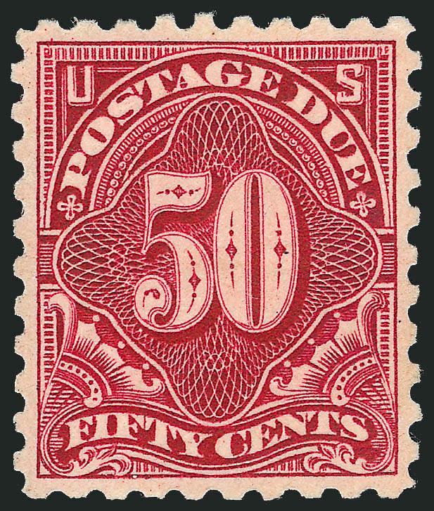 50c Carmine Lake (J58).> Original gum, lightly hinged, rich color on post-office fresh paper, wide margins, expertly reperfed at right<><>^EXTREMELY FINE APPEARANCE. THE 1914 50-CENT POSTAGE DUE WITH ORIGINAL
GUM IS ONE OF THE RAREST OF ALL POSTAGE
