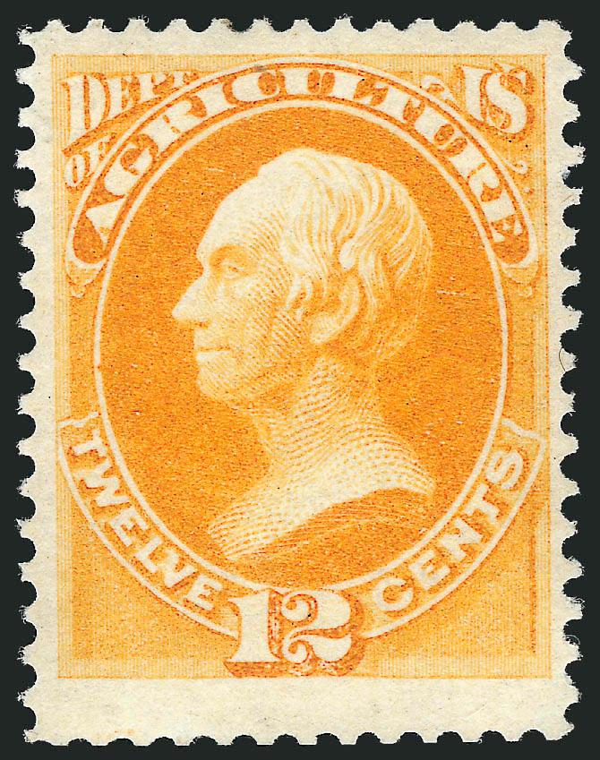 12c Agriculture (O6).> Original gum, lightly hinged, vivid color as fresh as the day it was printed, unusually wide margin at bottom, Very Fine and choice, with 2010 P.S.E. certificate