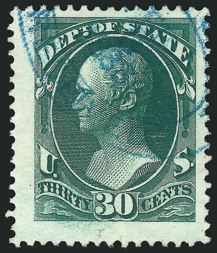 30c State (O66).> Jumbo margins which are especially wide at left and bottom, rich color and detailed impression, neat strike of <blue> oval datestamp,Very Fine and choice, a stamp of great visual appeal, with
2010 P.S.E. certificate (VF-XF 85 Jumbo