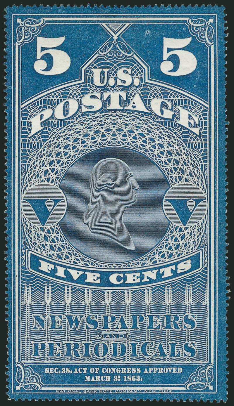 5c Dark Blue, Colored Border (PR1).> Without gum as issued, rich color, fresh and Very Fine, this large-format stamp is scarce in sound condition, ex Hoffman, with 2003 P.F. certificate