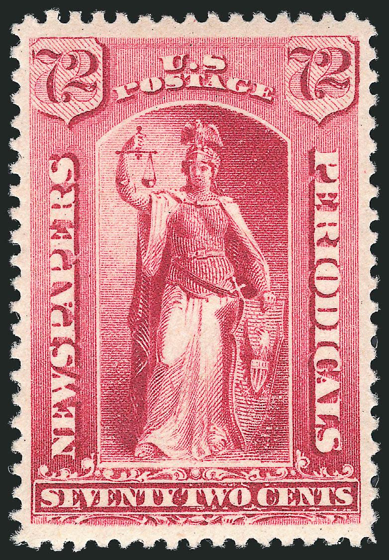 72c Carmine, 1885 Issue (PR87).> Original gum, single hinge mark, rich color on bright paper, well-proportioned margins, Extremely Fine, a beautiful stamp, with 1998 P.F. and 2010 P.S.E. certificates (OGph, XF
90 SMQ $1,150.00)