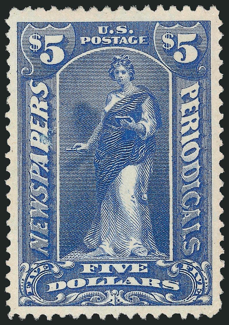 $5.00 Ultramarine, 1895 Issue (PR109).> Unused (no gum), uncharacteristically wide margins and nice centering, beautiful color, Extremely Fine, the distinctive color of this denomination is found only on the
unwatermarked issue