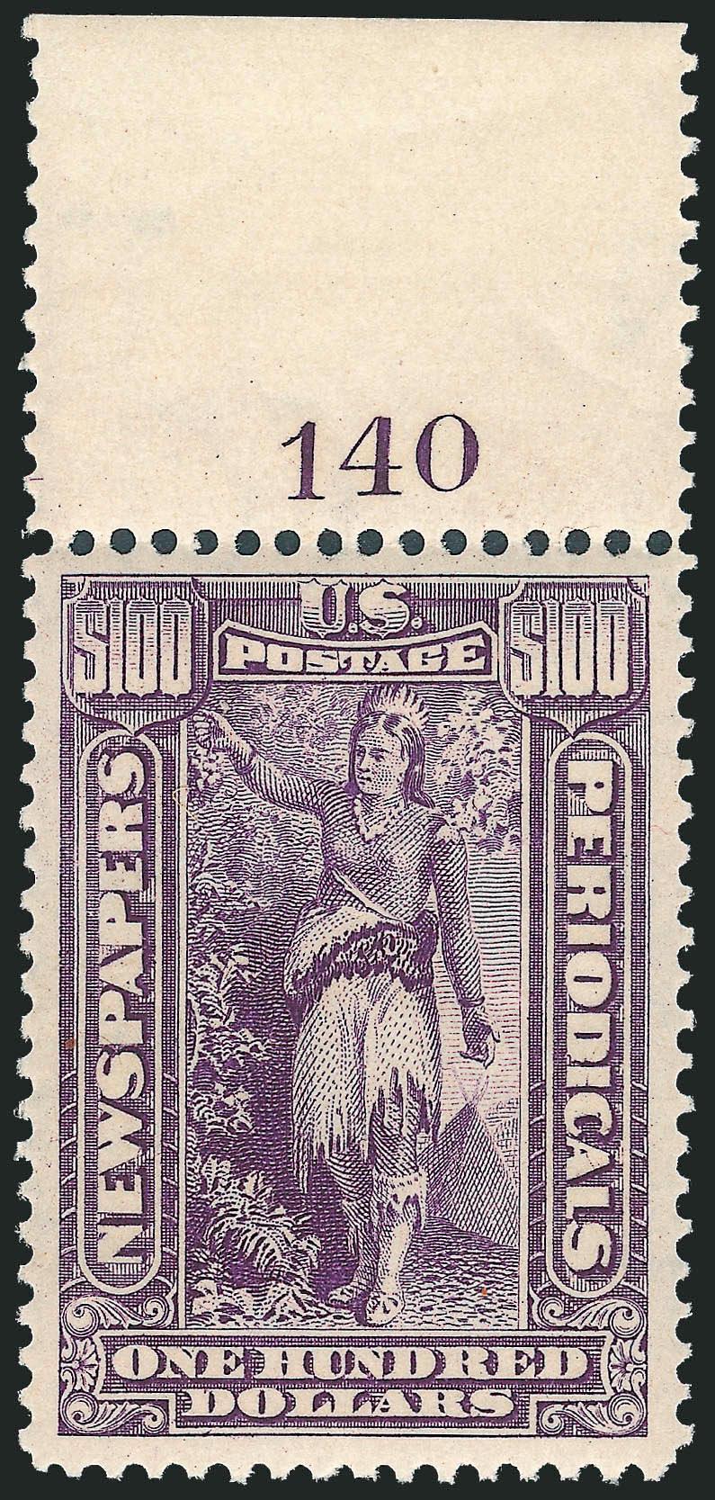 $100.00 Purple, 1895 Watermarked Issue (PR125).> Mint N.H. with plate no. 140 selvage at top, gorgeous color and wide balanced margins, Extremely Fine, a beautiful stamp