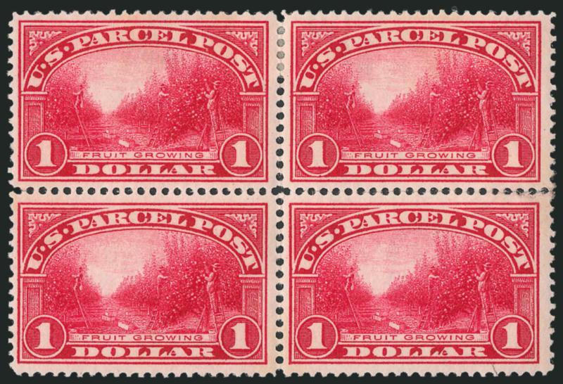 1c-$1.00 Parcel Post (Q1-Q2, Q5-Q12).> Blocks of four, complete less 3c and 4c, some h.r., nearly all Fine-Very Fine, the high values are particularly attractive.