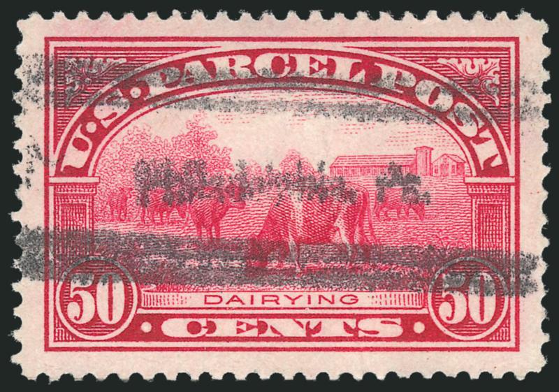 50c Parcel Post (Q10).> Brilliant color, perfect centering with Jumbo margins, Philadelphia Pa. roller cancel, Extremely Fine Gem, a huge stamp, P.S.E. encapsulated (Superb 98 Jumbo unpriced in SMQ above 98,
SMQ $1,200.00 as 98), this is only exam