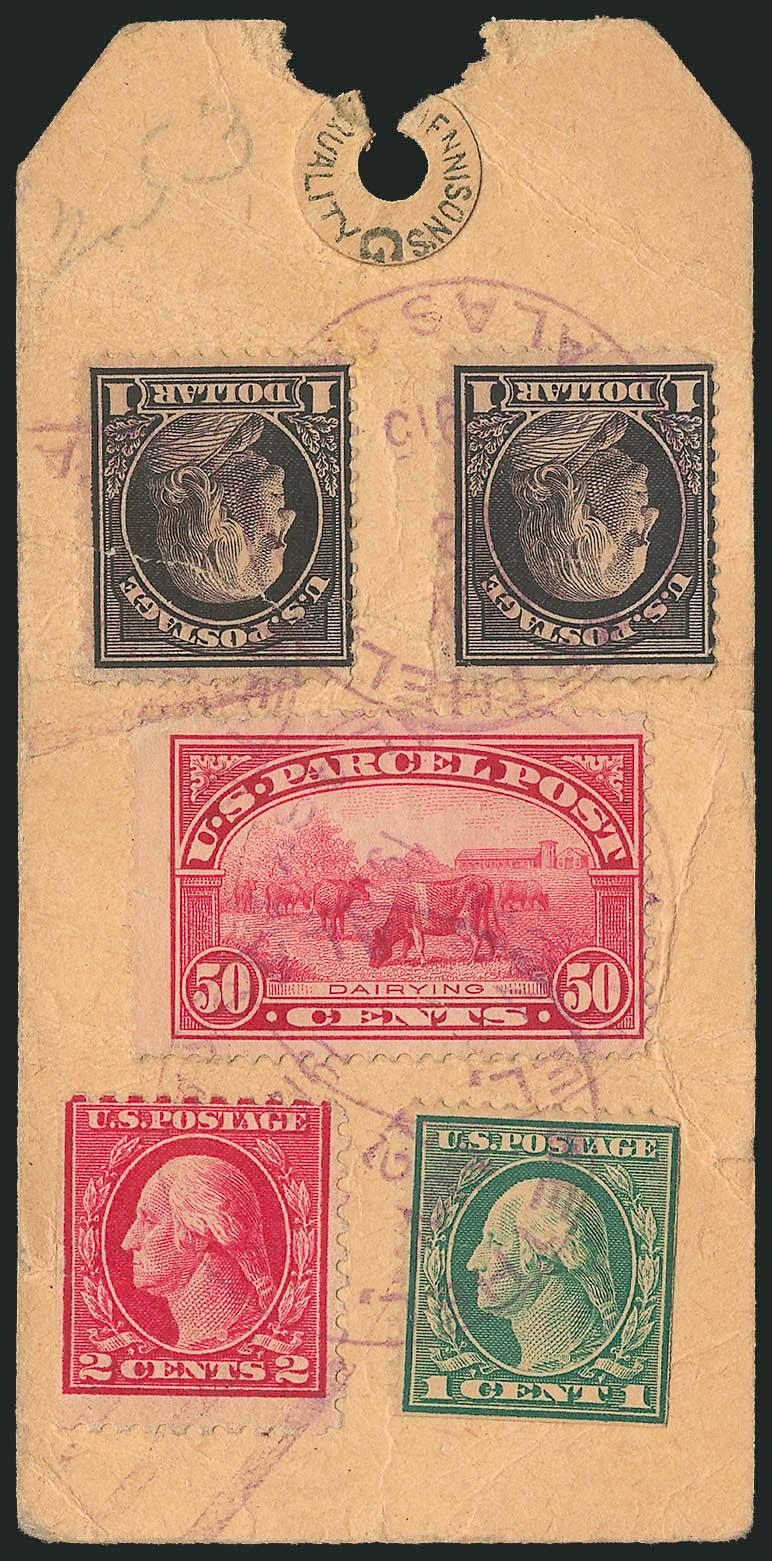 10c Parcel Post (Q10).> Used with 1c Green, booklet pane single (405b), two No. 423 and single of booklet stamp No. 425e on parcel post tag from ethel Alaska to San Francisco>, all stamps tied by Bethel Alaska
Nov. 12 1915 circular datestamp, som