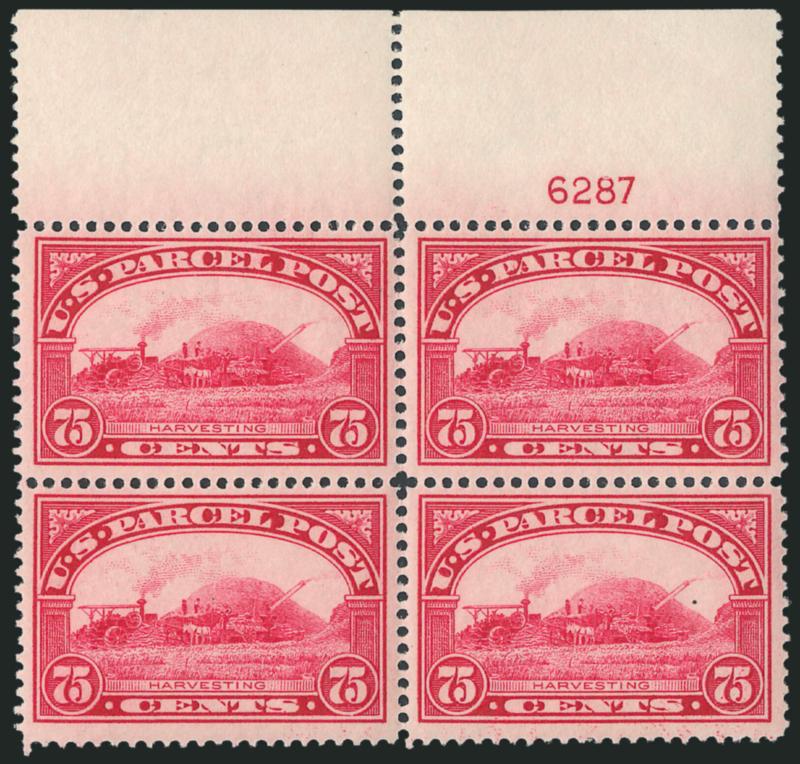 75c Parcel Post (Q11).> Mint N.H. block of four with top plate no. 6287 selvage, fresh and bright, Fine-Very Fine