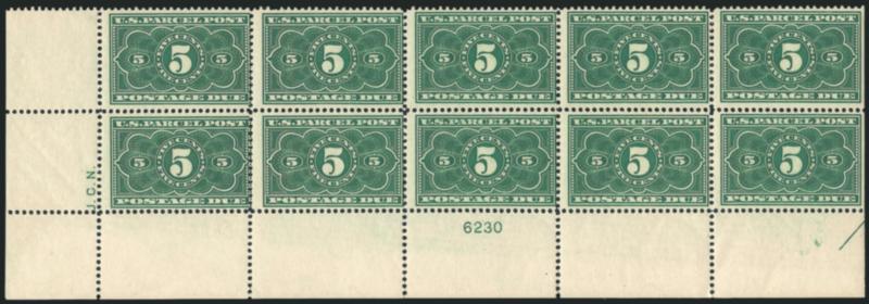 5c Dark Green, Parcel Post Postage Due (JQ3).> Mint N.H. bottom left selvage plate no. 6230 block of ten, deep rich color, few perf separations, Very Good-about Fine