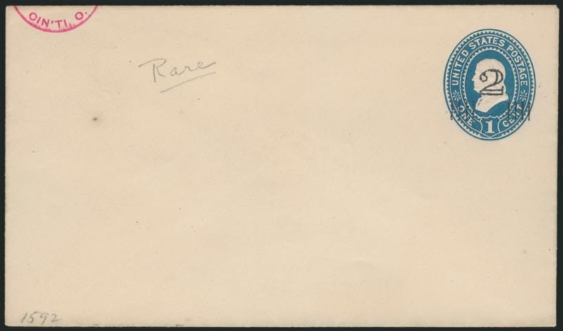 2c on 1c Dark Blue on Amber entire (U295 var).> With Type IV 2c surcharge, part of red Cincinnati datestamp at uper left, small pencil notations, Very Fine, scarce shade and surcharge variety, with 1981 P.F.
certificate