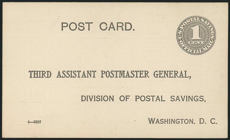 1c Black on White, Official Postal Savings Postal Card (UZ1 var).> Mint card with additional solid bold-face line above text reading Total number of accounts (UPSS No. O1 var), tiny toned spot on reverse of
little consequence but noted on accompany