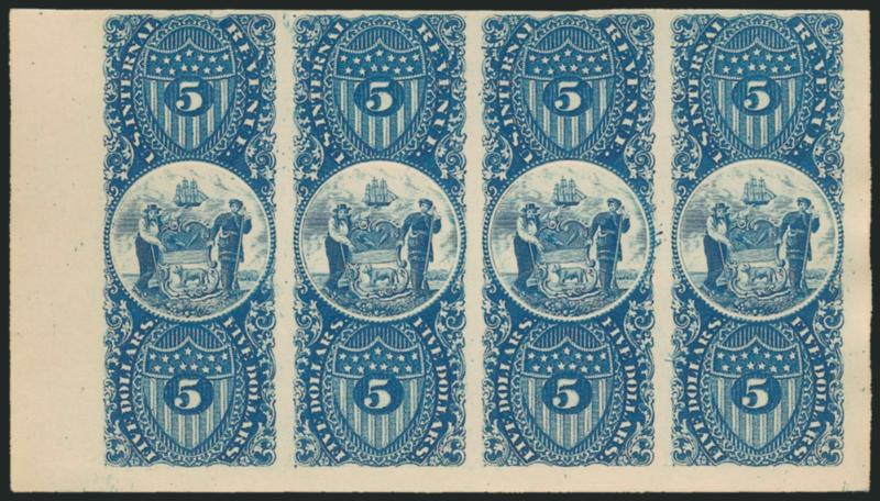 $3.50 R.I. Arms Vignette, $5.00 Delaware State Seal, Plate Essays on Card (Turner Essay 76-A, 77-A).> Small collection containing the five listed colors for both, incl. six singles and pair of former, four
singles, pair and block of four of latter,